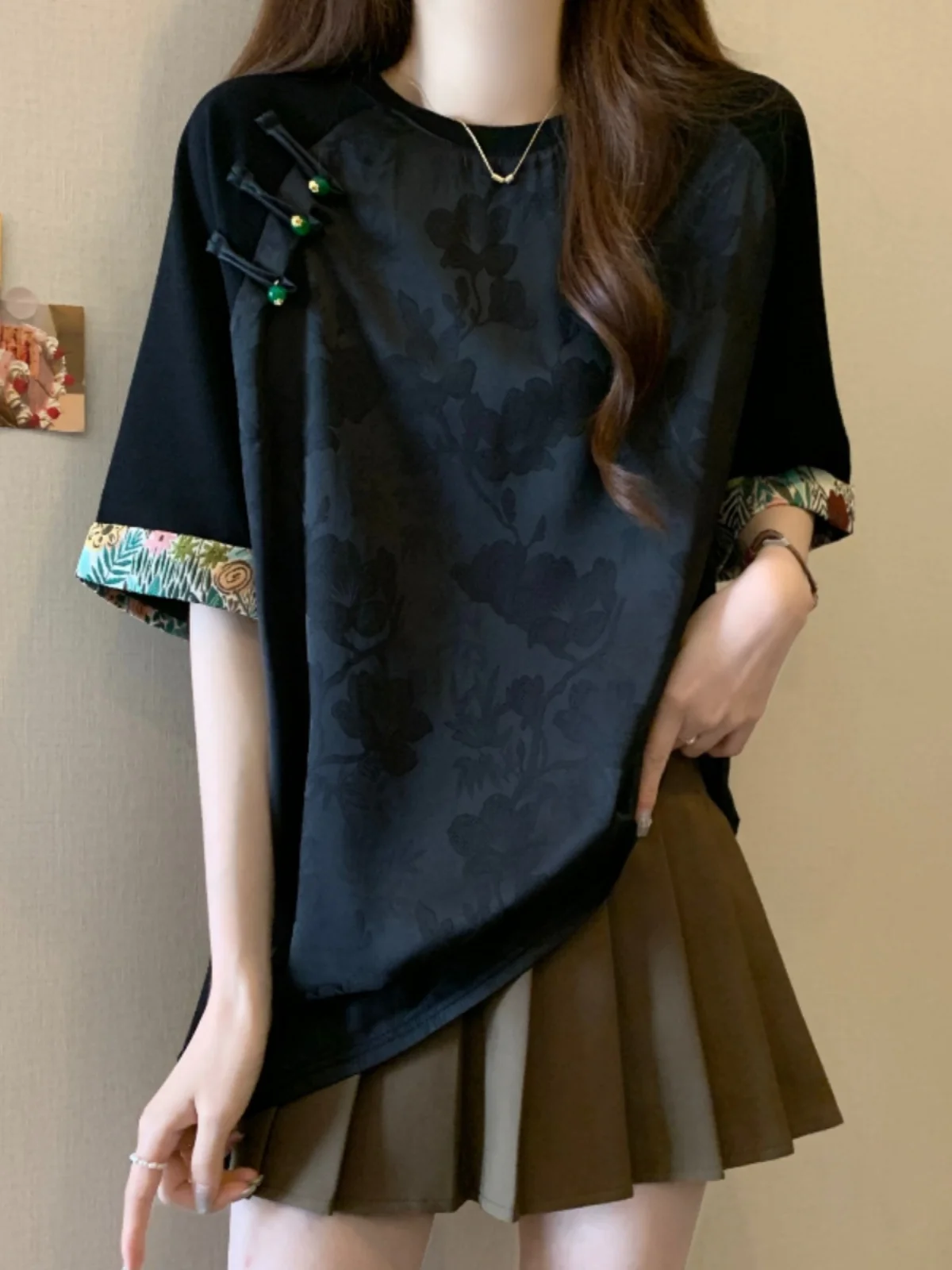 Новая китайская атласная жаккардовая футболка с короткими рукавами женская