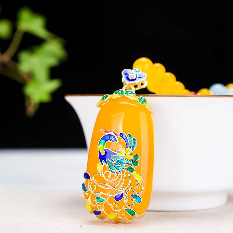 

Natural Yellow Jade Cloisonne Peacock Pendant Beaded Necklace Women Fashion Phoenix Charms Sweater Chain Fine Jewelry Accessorie