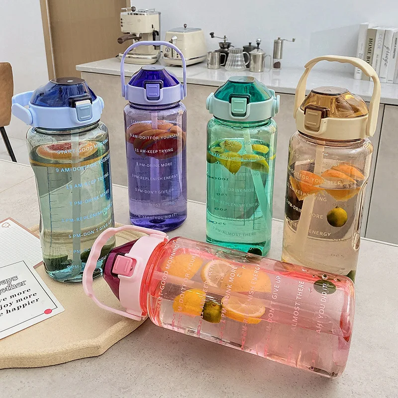 

2 Liter Outdoor Sports Drinking Bottles with Time Marker Water Bottle with Straw Large Capacity Outdoor Cup Fitness Water Bottle