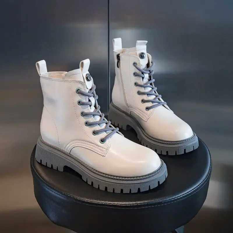 British style women's boots 2022 women's short shoes brown gray thick-soled autumn and winter rubber fashion lace-up nude boots