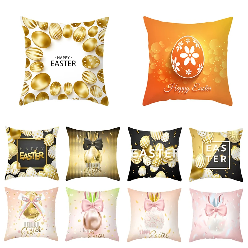 

2022 Easter Cushion Cover Easter Egg Print Pillowcase Happy Easter Decor Pillow Cover For Home Peach Skin Pillow Case 45x45cm