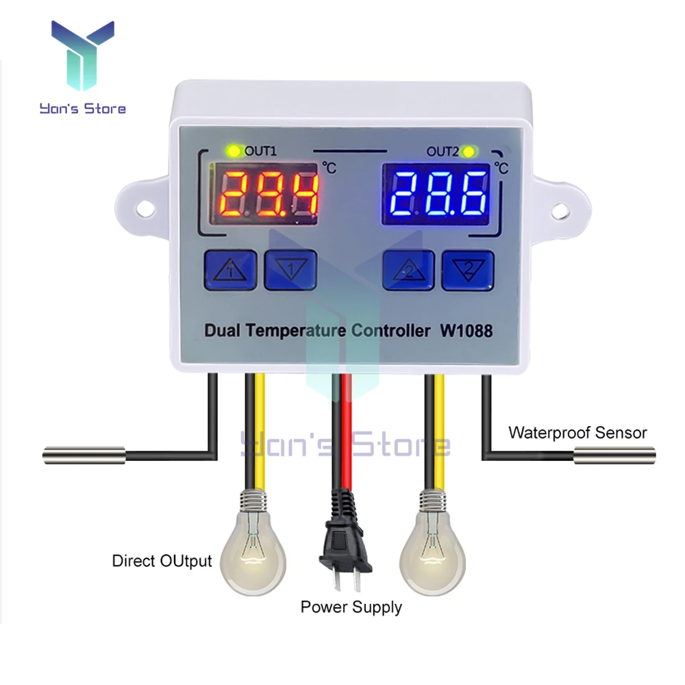 

Dual Digital Thermostat Temperature Controller Two Relay Output Thermoregulator for incubator Heating Cooling 220V 12V XK-W1088