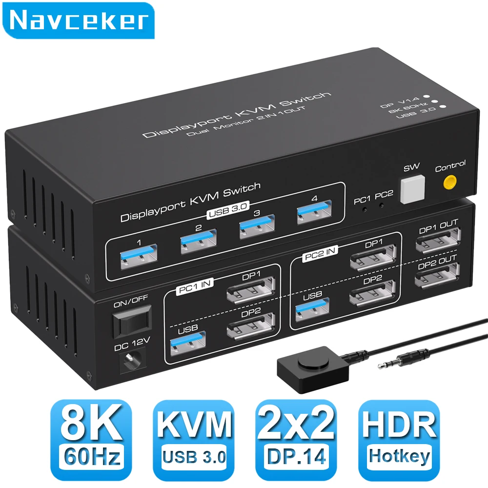 Navceker двойной монитор DP KVM переключатель 4K 120 Гц 2x2 USB 3,0 HDMI KVM переключатель 2 в 2 out 8K 60 Гц смешанный дисплей 2 монитора 2 компьютера
