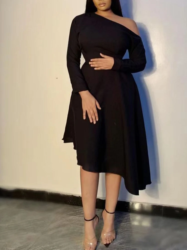 

A-line Asymmetrical Sexy Dress for Woman Classic Casual Diagonal Collar Long Sleeve Irregular Party Club Prom Evening Outfits