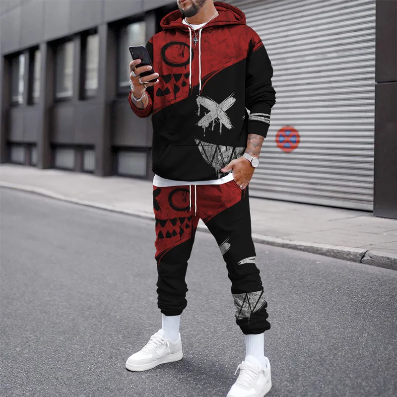 Cotton XX Smiley Face Printed Autumn and Winter Pullover Sweashirts Men Tracksuit Casual Hoodies Pants Set Men's Clothing Suit
