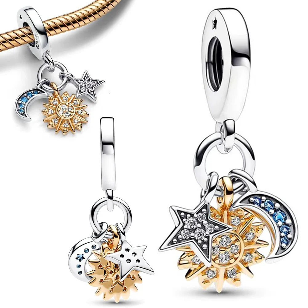 

New 925 Silver Two-tone Celestial Triple Dangle Charm Fit Pandora Original Bracelets Fashion DIY Woman Charms for Jewelry Making