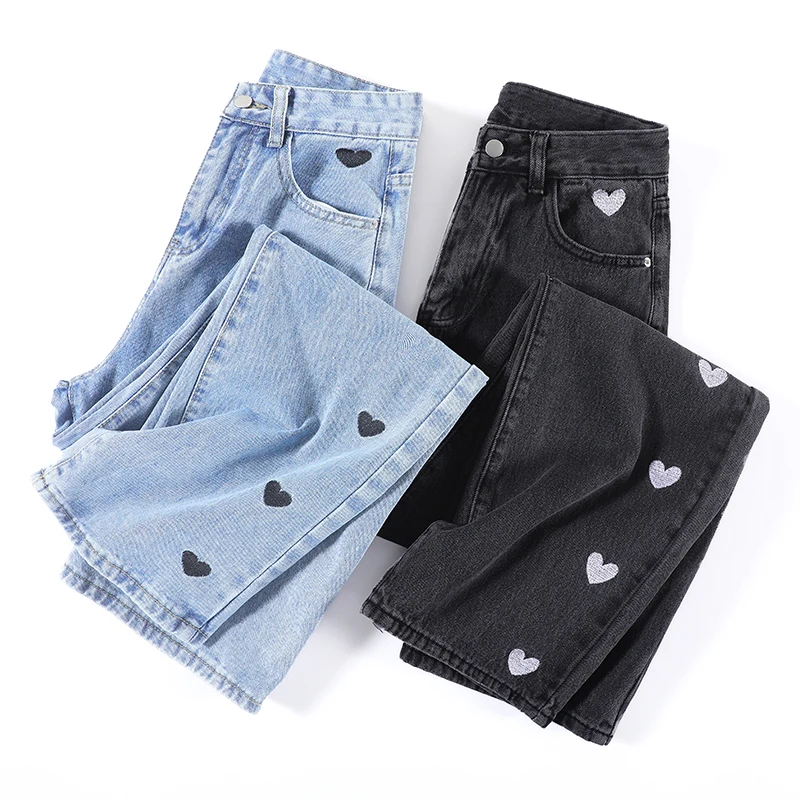 

Women Jeans 2022 Spring Heart Embroidery Streetwear High Waist Wide Leg Long Pants Vintage Casual Baggy Straight Denim Trouser