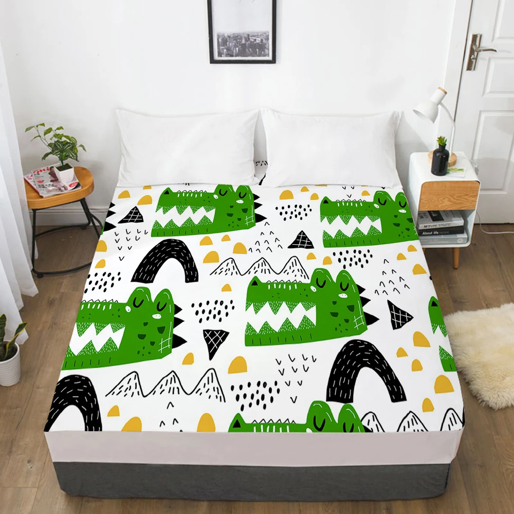 

Cartoon Elastic fitted sheet bed sheet With An Elastic Band Mattress Cover Customizable size lovely Dinosaur Bed cover for Green