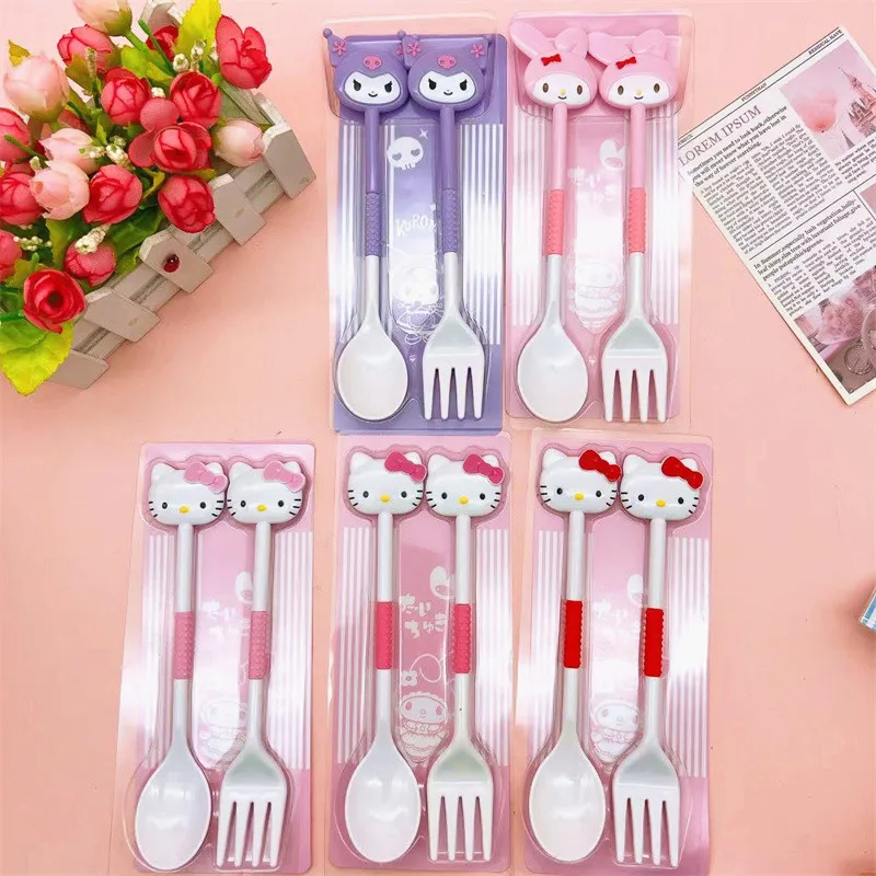My Melody Sanrio Hello Kitty Детская посуда Студенческая портативная вилка Ложка для супа