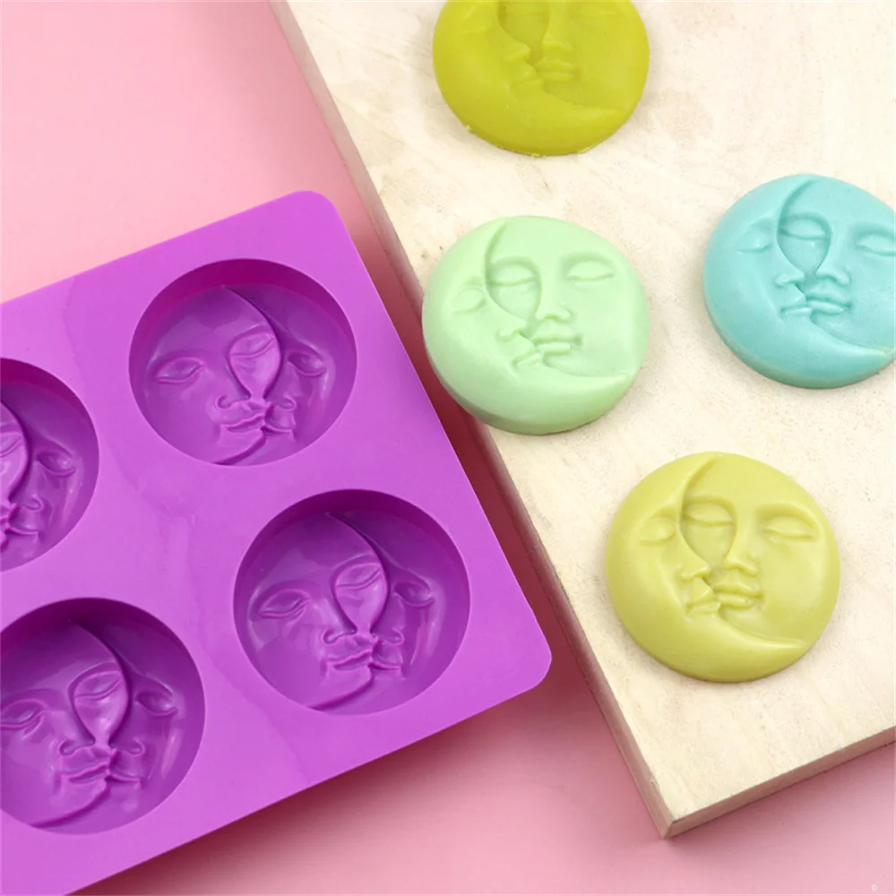 

3D Facial Moon Handmade Soap Silicone Mold DIY 4 Holes Aromatherapy Candle Plaster Gypsum Resin Crafts Baking Cake Decor Mold