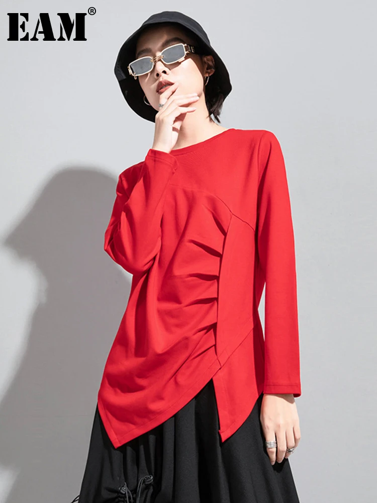 

[EAM] Женская Красная плиссированная Повседневная футболка большого размера, новая модная футболка с круглым вырезом и длинным рукавом, весн...