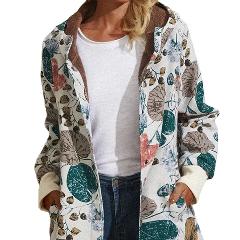 Spring and Autumn 2023 New Hooded Coat Women Zipper Plush Vintage Print Long Sleeve Medium Long Outfits Ey*