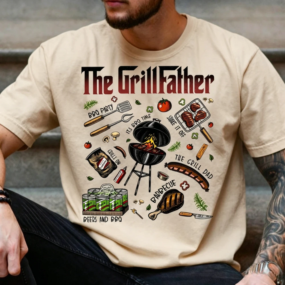 Фото Ретро-футболка The Grillfather BBQ с принтом в стиле «Крестного отца», винтажная мужская летняя футболка с круглым вырезом, хлопковая, с коротким рукавом №4
