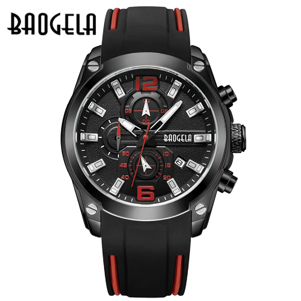 

Часы наручные BAOGELA Мужские кварцевые, модные многофункциональные водонепроницаемые спортивные с хронографом и календарем, с силиконовым р...