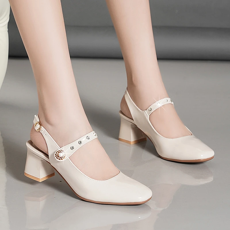 Ladies Pearls Buckle Mary Jane Sandal High Heels Office Dress Shoes Women's Sandals Pointed Toe Slingbacks Patent Leather Pumps
