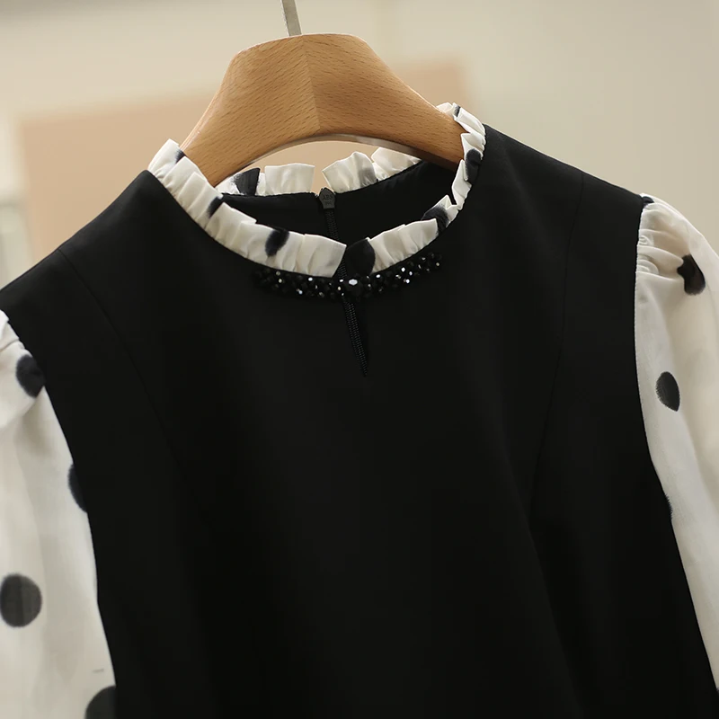 Цена счетчика 679 [Счетчик] Модное платье в горошек стиле пэчворк с дизайном Sense