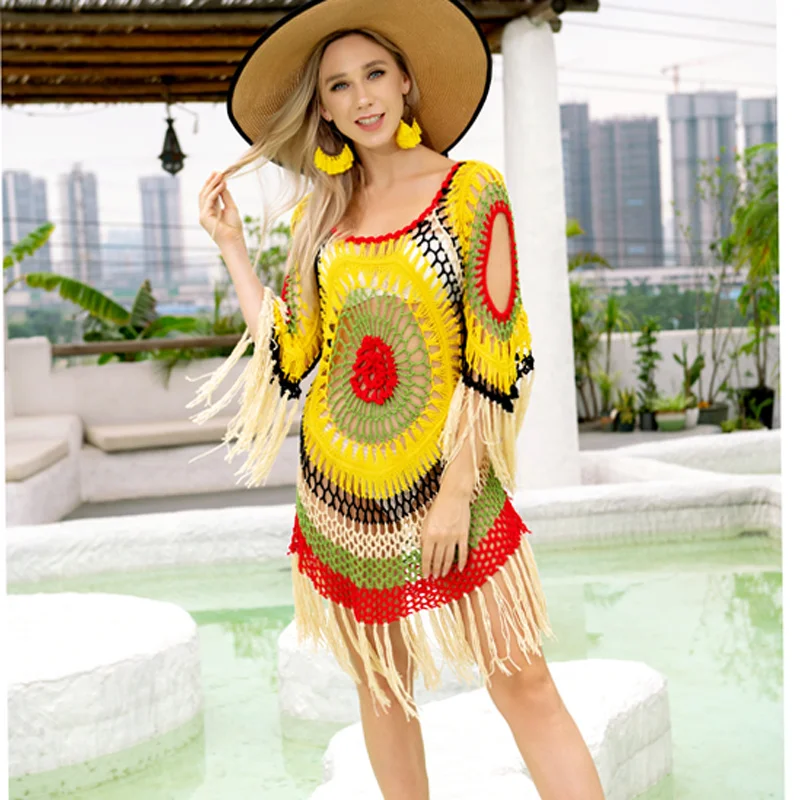 

DOLLYFINE New Summer Women Bikini Cover Up Hollow Out tassel trim Swimsuit Cover-Ups Bathing Suit Beachwear Tunic Beach Dress