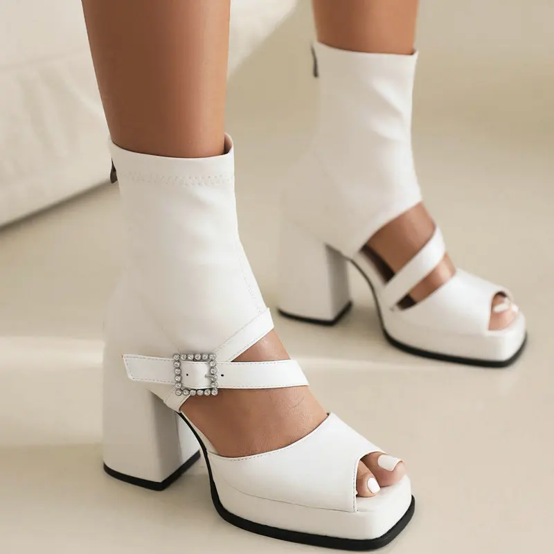 Gothic Black Ninja Sandals Women Summer 2023 Platform Shoes Peep Toe Fashion High Heels White Crystal Buckle Zipper Ankle Boots