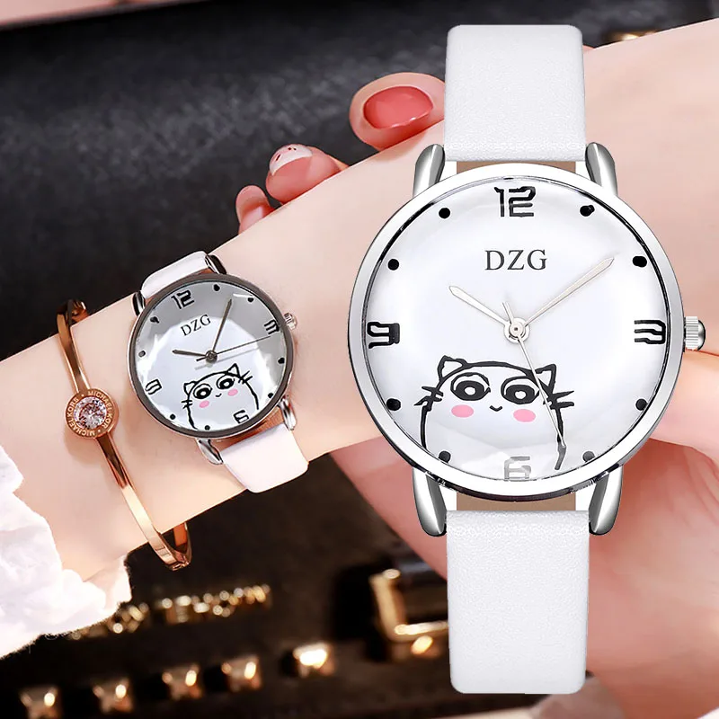 

Fashion Casual Women Simple Cartoons Cat Dress Women Leather Watches Quartz Wrist Watch Relogio Feminino Montre Femme Gift