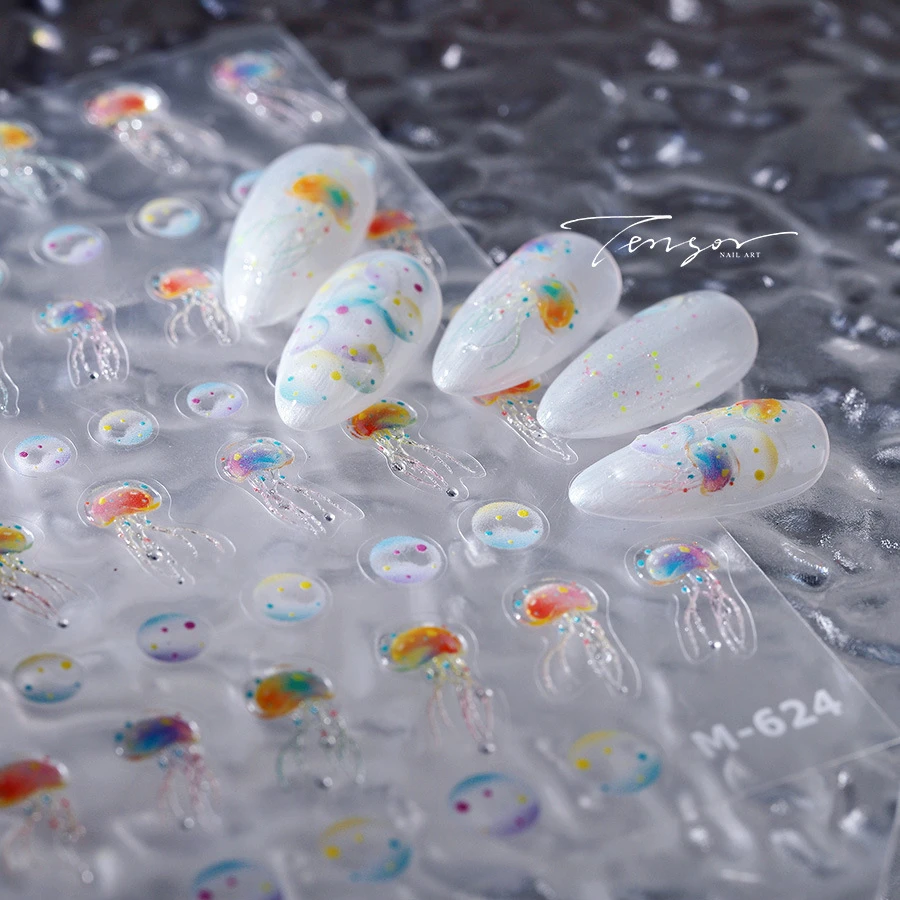 Красивые Цветные самоклеящиеся 3D-Наклейки для ногтей с Медузой морскими волнами