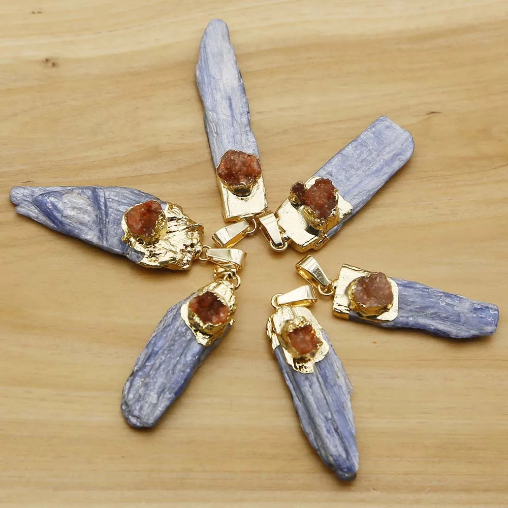 New Natural Raw Stone Blue Crystal Strip Pendant Irregular Orange Agate Necklace Charm Fashion Jewelry Accessories Wholesale8Pcs