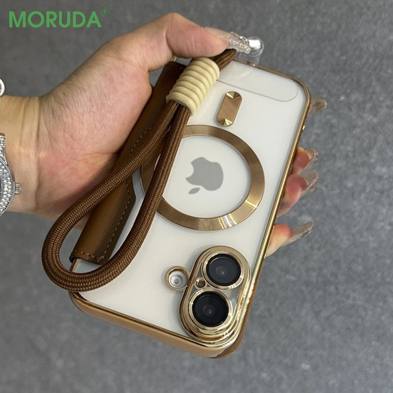 Leather Cover Flip Card Wallet Case for iPhone 16 15 14 13 12 11 Pro Max Plus Fashion Wristband Lanyard Magsafe Magnetic