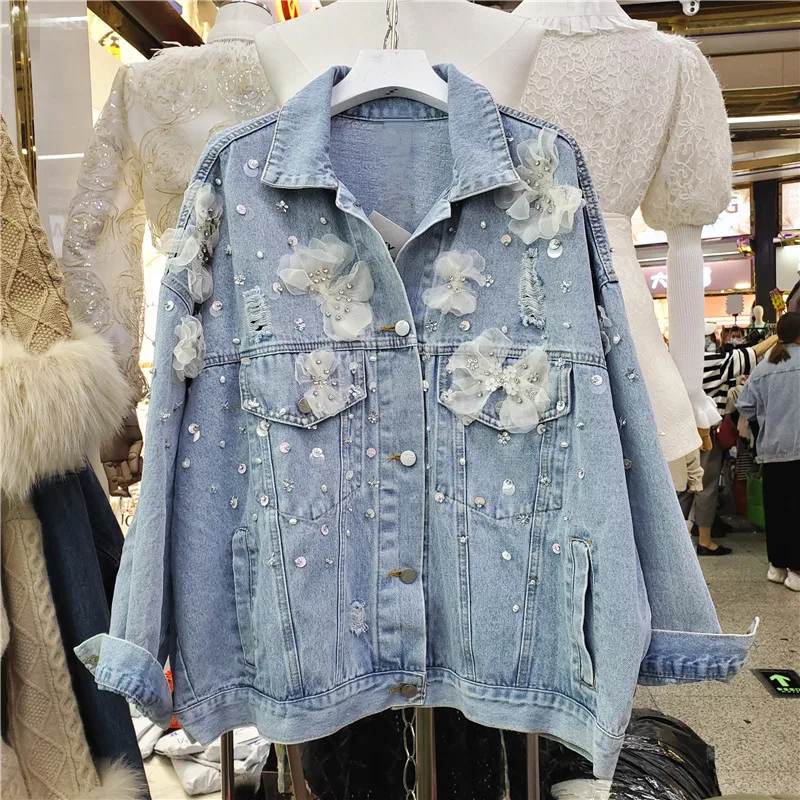 

Harajuku Diamond Sequin Mesh Flower Women Hole Denim Coat Autumn Loose Single-breasted Long Sleeve Casual Kurtka Jeansowa Damska