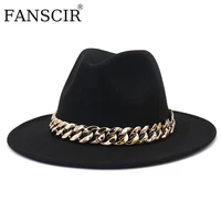 fedora hat thick gold chain band felted hat men luxury jazz cap winter autumn ladies church party panama wide brim hat for women