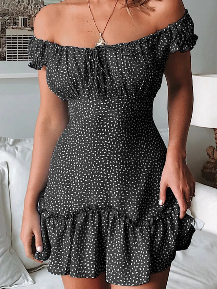 

Off Shoulders Dress Women Sweet Dots Print Slash Neck Ruffles Dress Women Summer Elegant Sundress Sexy Beach Vestidos Mujer