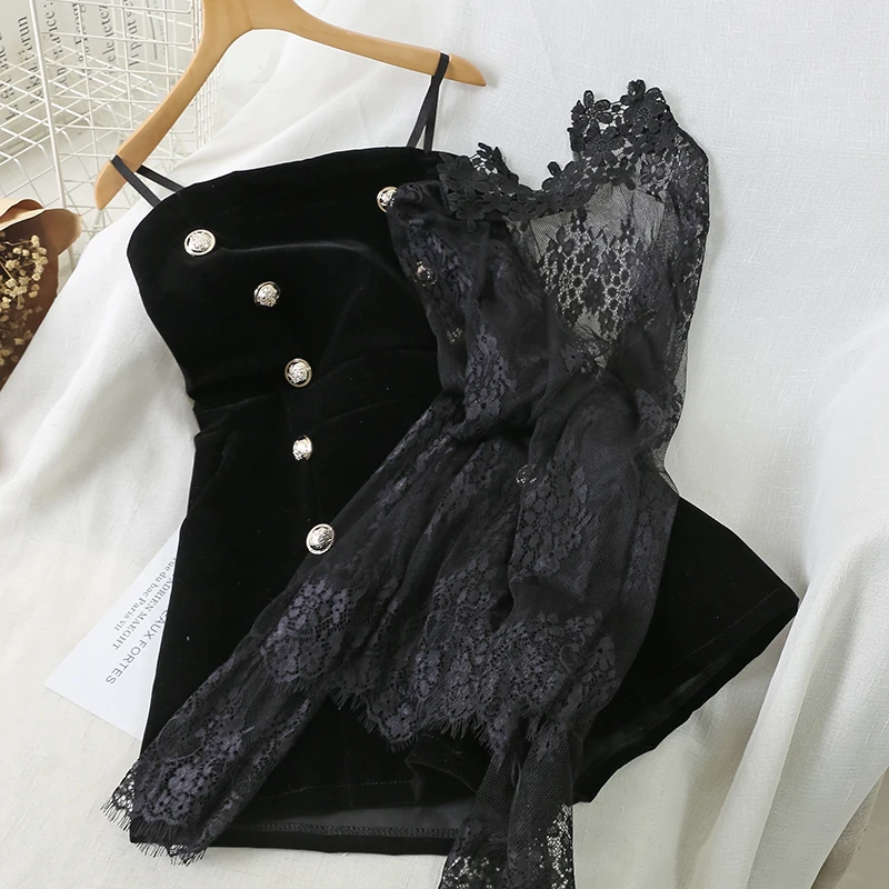 Autumn Elegant Long Sleeve Mesh Lace Shirt + Tube Top Double Breasted Slim Jumpsuit Two-Piece Rompers Sexy Bodysuit Black Woman