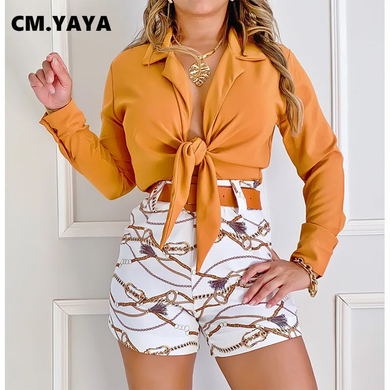 Женский элегантный комплект CM.YAYA рубашка с бантом и шорты пейсли-рисунком