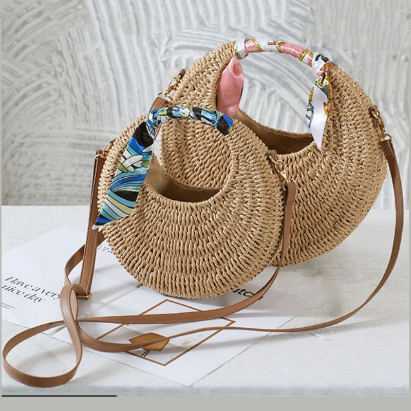 

Fashion Bag Arrival Round Rattan Bag Messenger Bag White Handmade Shoulder Bag Handwoven Straw Crossbody Bag Popular on INS