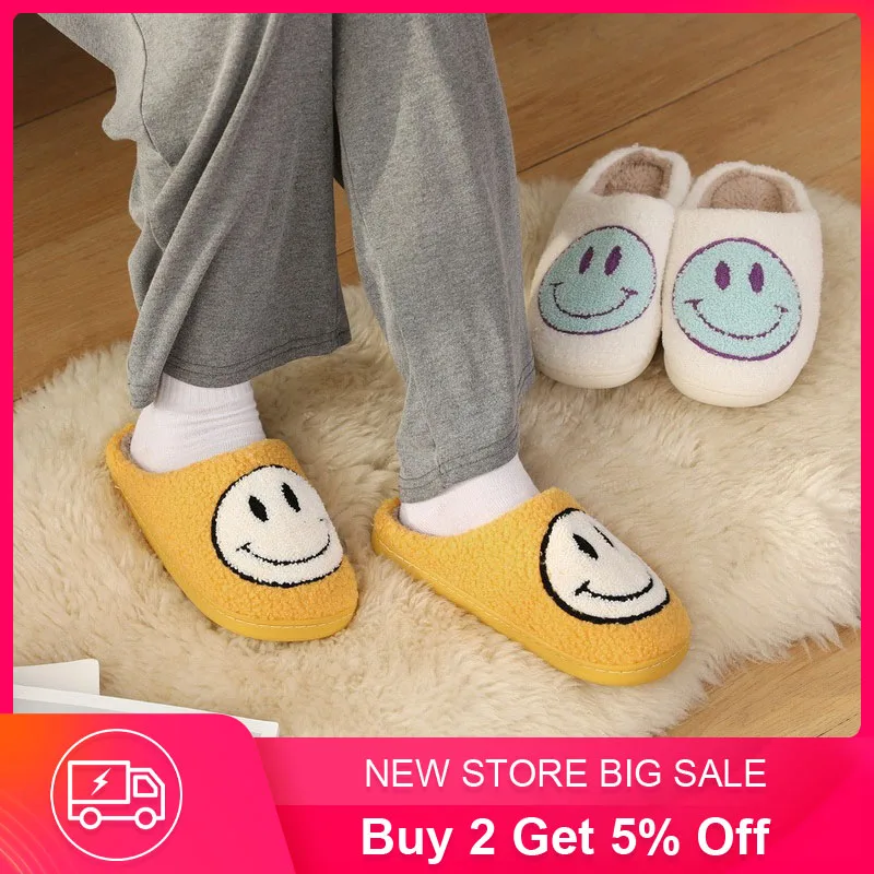 New Winter Women Slippers Fluffy Faux Fur Smile Face Household Cute Cushion Smiley Slippers Shoes for Female Home Dropshipping