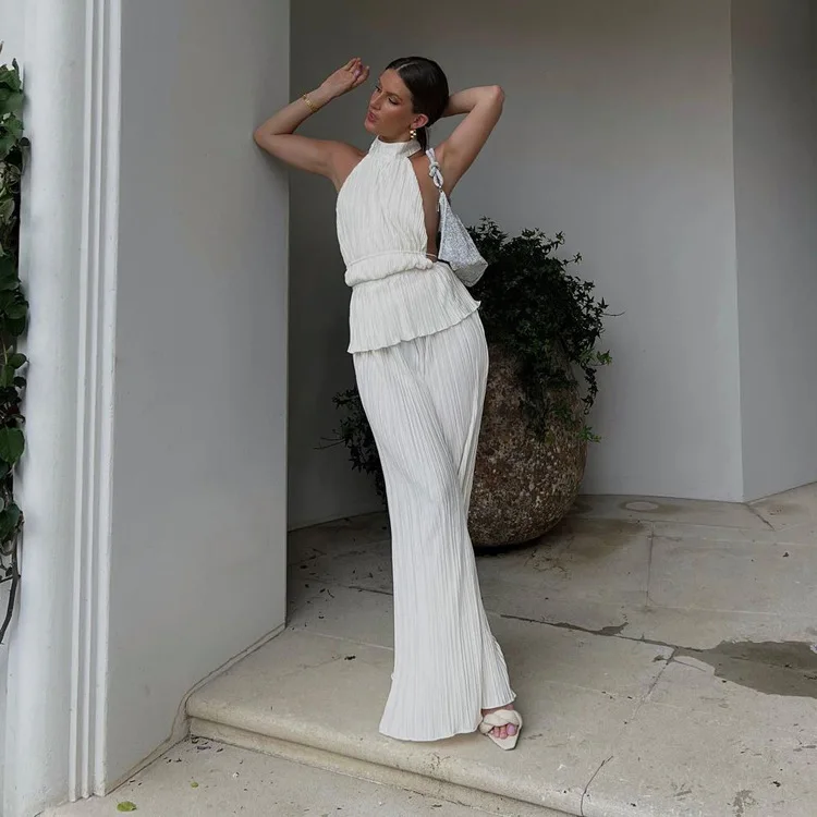 

Chic and Elegant Woman Pants Set 2022 New White Pleated High-waisted Wide-leg Pants with Sexy Sleeveless Tank Tops