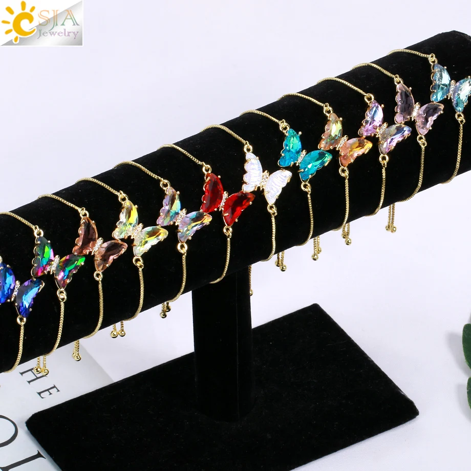 

CSJA Colorful Zircon Butterfly Bracelet Luxurious Gold Color Chain Stainless Steel Bracelets for Women Healing Jewelry H167