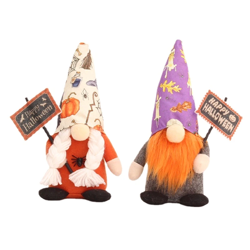

Happy Halloween Sitting Gnome Doll Pumpkin Broom Toy Ornament Decor