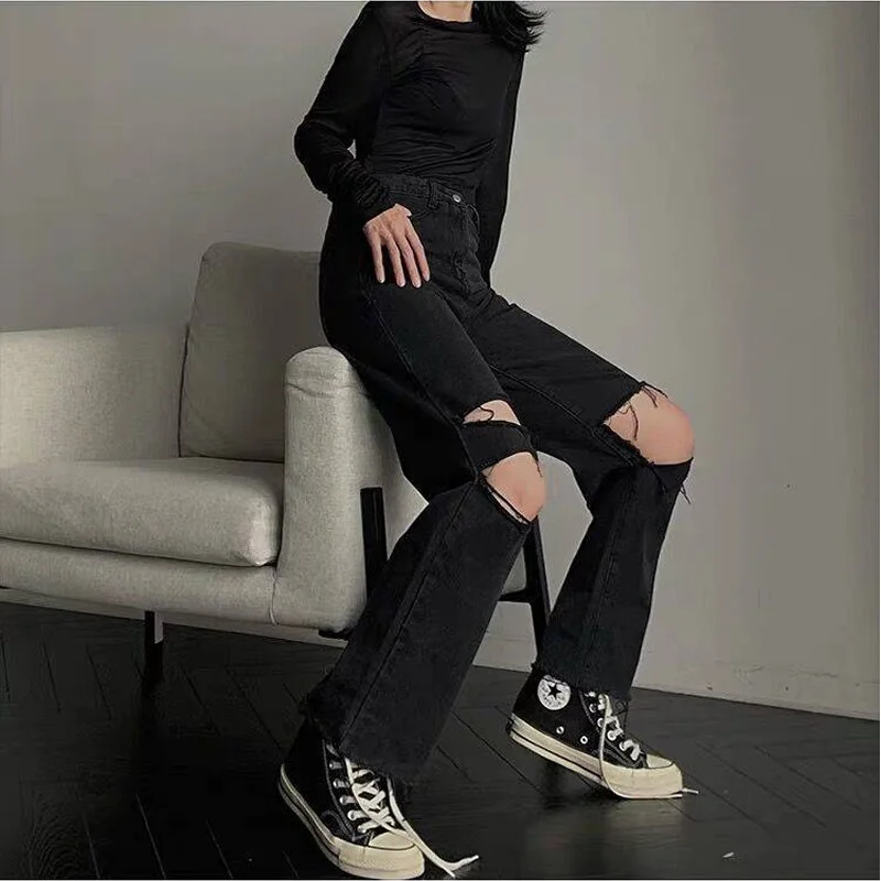

Emo Women Men Oversized Denim Baggy High Waist Hole Streetwear Fairy Grunge Alt Jeans Black Boyfriend Straight Trousers Clothes
