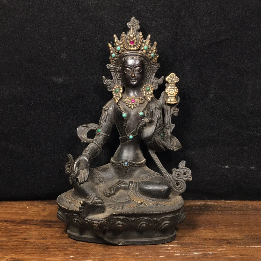 

8" Tibetan Temple Collection Old Bronze Cinnabar gem Green Tara Bodhisattva lotus platform worship buddha Town House Exorcism