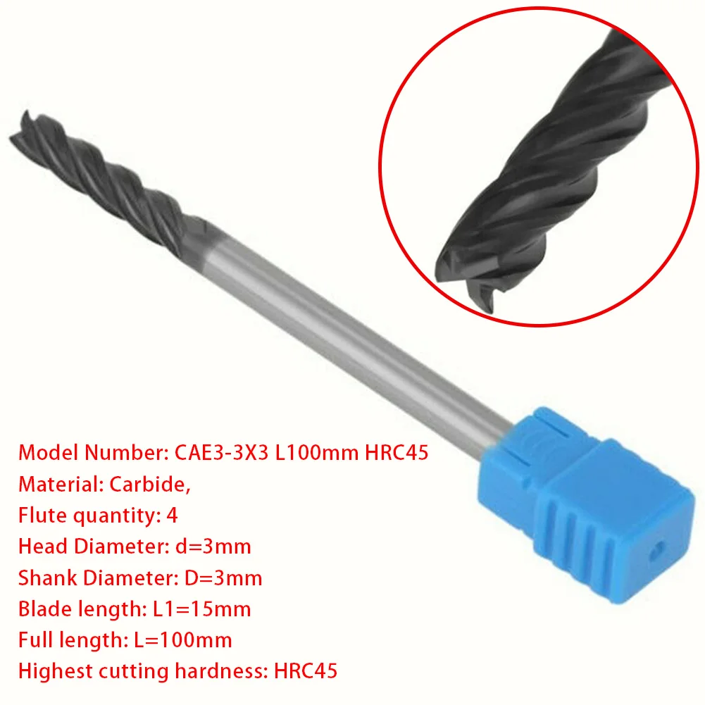 

CAE3-3X3 L100mm HRC45 Extra Long Shank 100mm Carbide End Mill 3MM CNC Mill 4 Flutes Carbide End Mills/Milling Machines End Mill