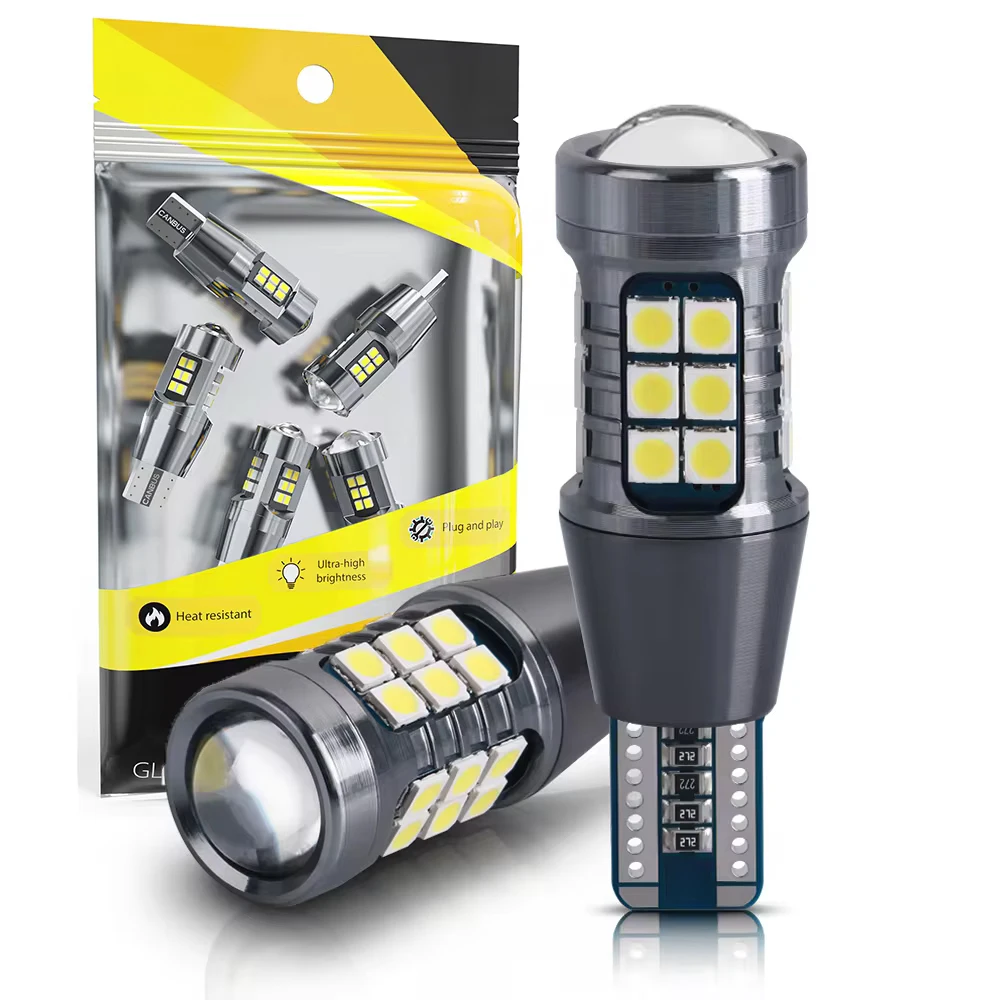 Фото Автомобильные светодиодные лампы T15 W16W Wy16W Canbus 27SMD 3030 Super Bright, 12В, 6000K, белые, для заднего хода, поворотников и габаритных огней, 2 шт. №1
