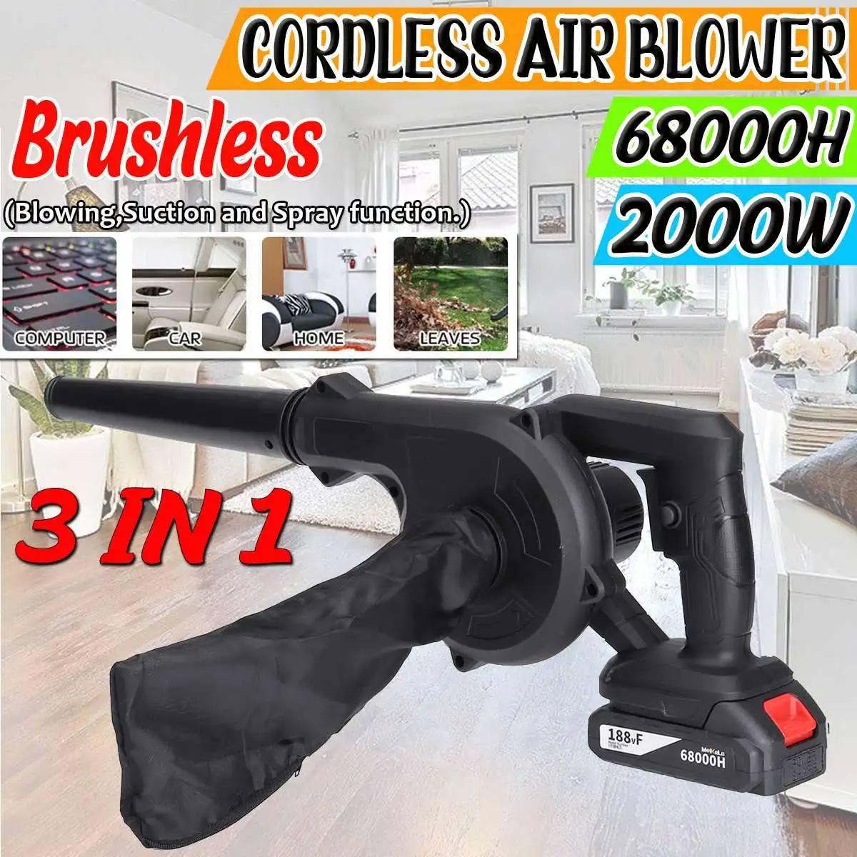 

2000W 3 In 1 Cordless Electric Air Blower Blowing Suction Leaf Blower Rechargeable Dust Cleaner Collector For Makita 18V Battery