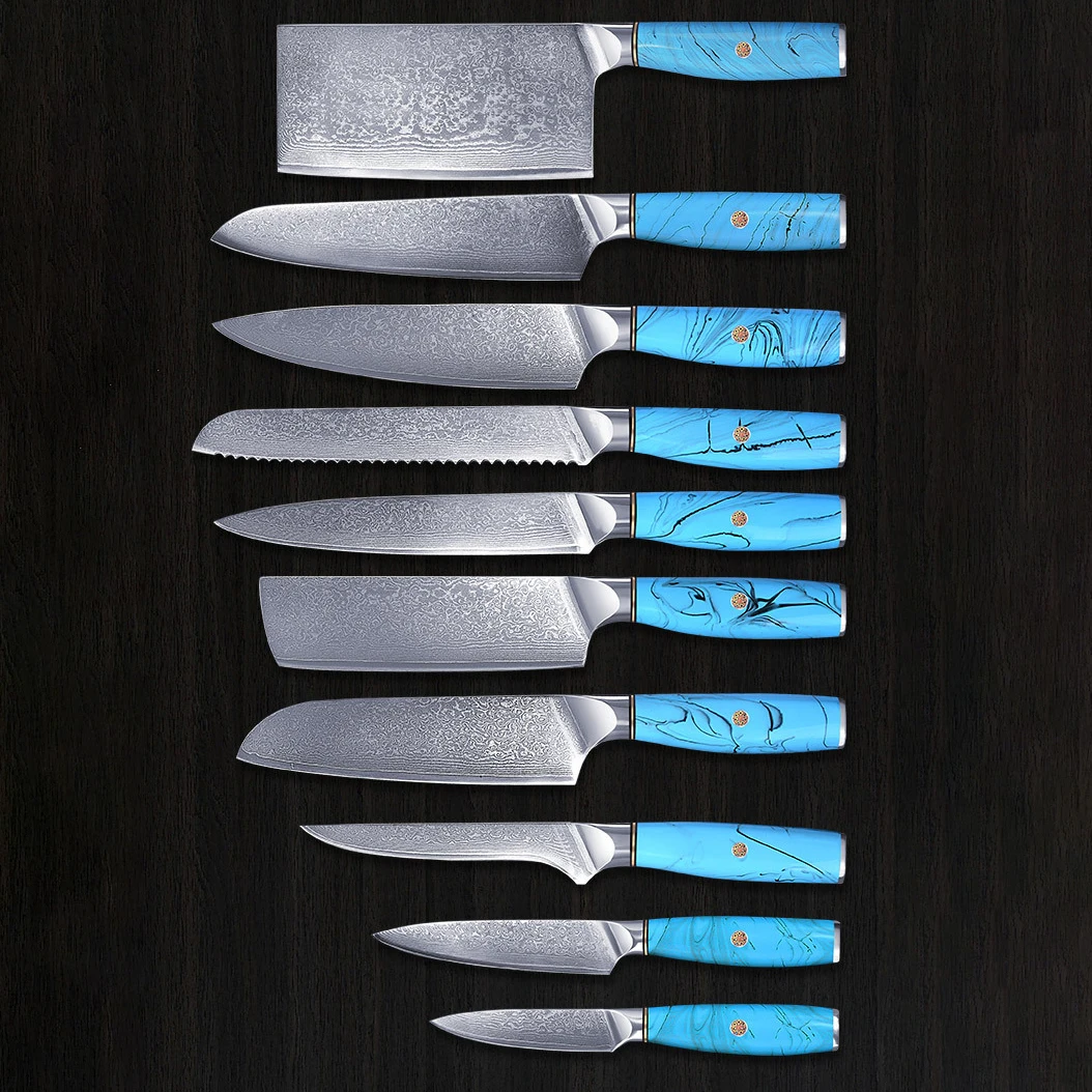 

Damascus Steel Kitchen Knives Sharp Chefs Cleaver Sashimi Santoku Slicing Nakiri Paring Boning Paring Utility Knife Resin Handle