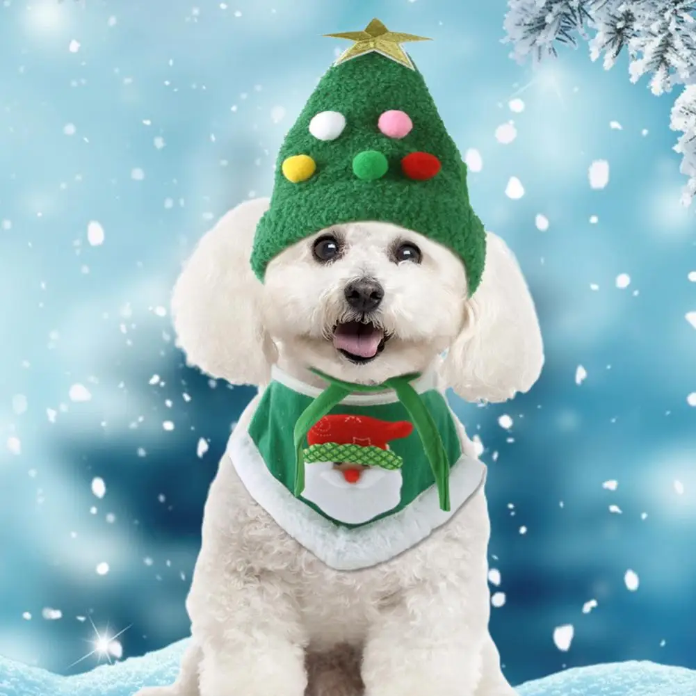 

Stylish Soft Bright Color Pet Dog Cat Santa Bib Xmas Tree Hat Scarf Suit Plush Christmas Pet Hat Set Pet Supplies