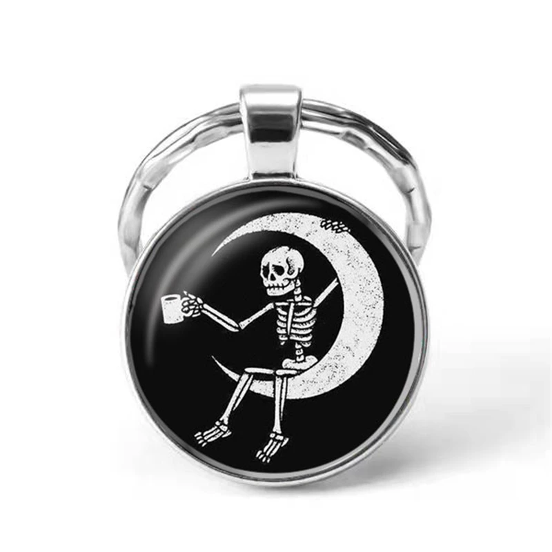 

Glass Keychain Dome Lonely Skeleton and Moon Keychain, Dome Pendant Keyring Skull Keychain, Friends Keychain
