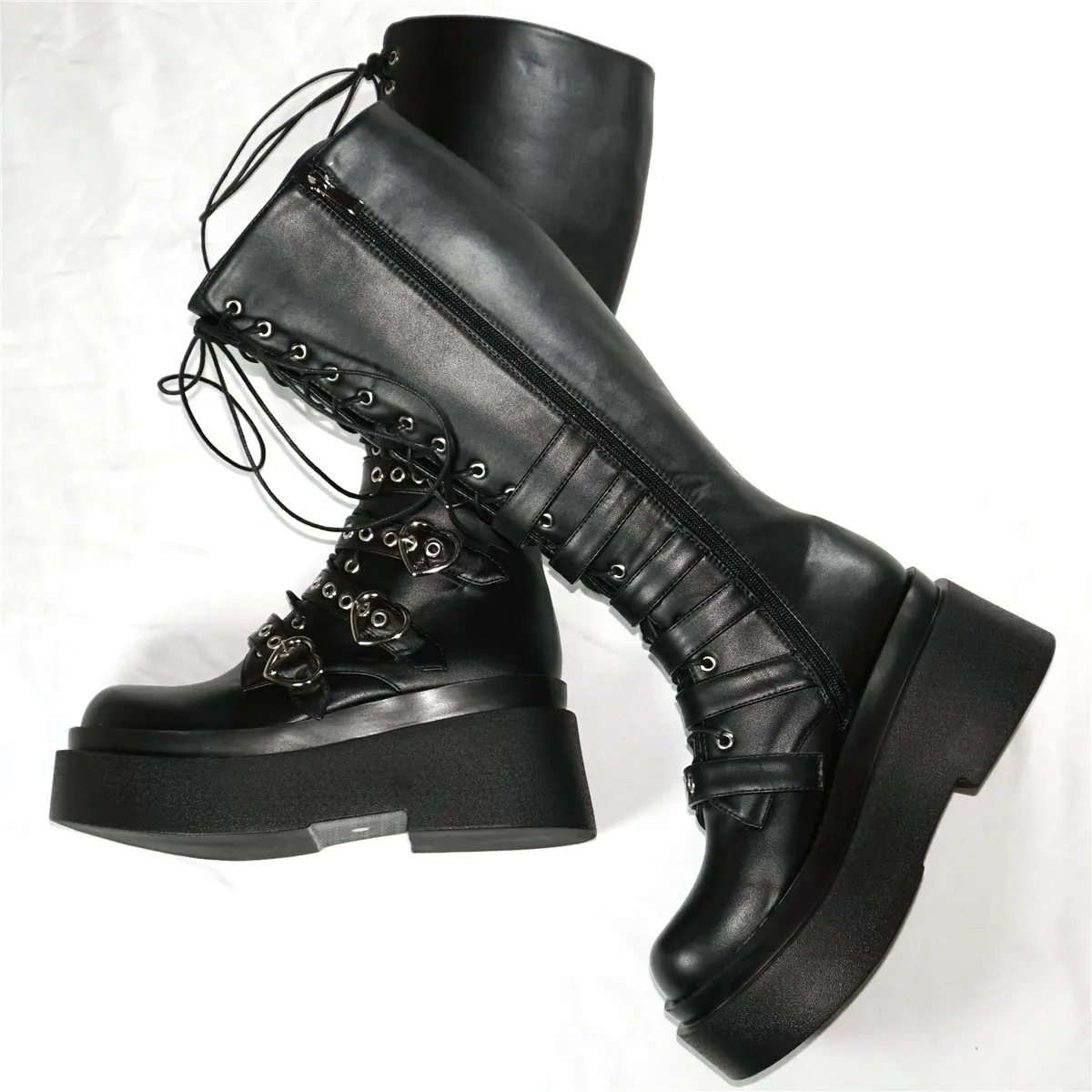 Winter Platform Pumps Shoes Women Lace Up Wedges High Heel Knee High Snow Boots Female Round Toe Fashion Sneakers Casual Shoes