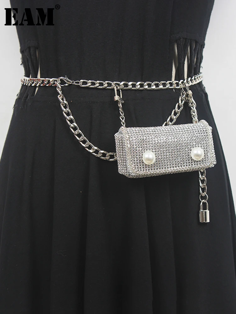 

[EAM] Rhinestones Mini-bag Long Pearl Chain Belt Personality Women New Fashion Tide All-match Spring Autumn 2022 1DE6245