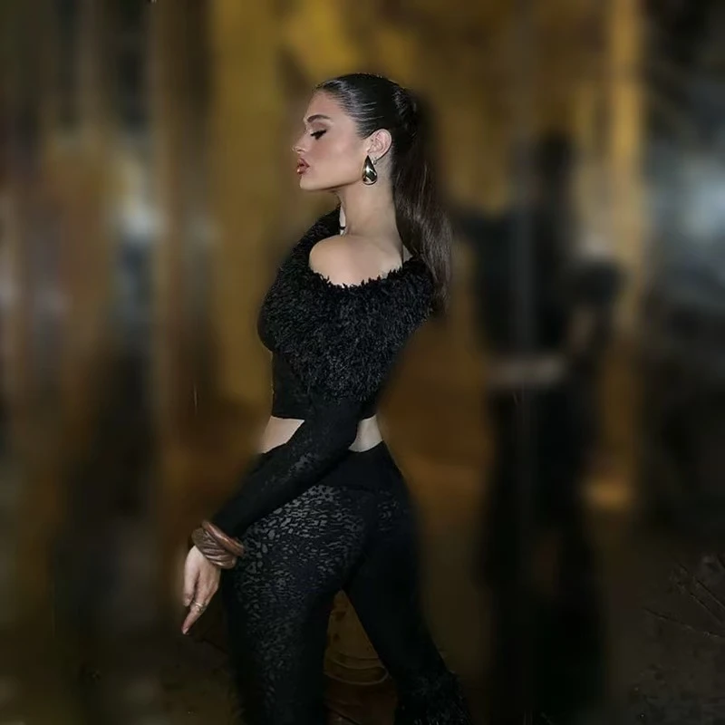 Зима 2024 новый продукт элегантный топ на одно плечо с волосатым зрелым принтом и