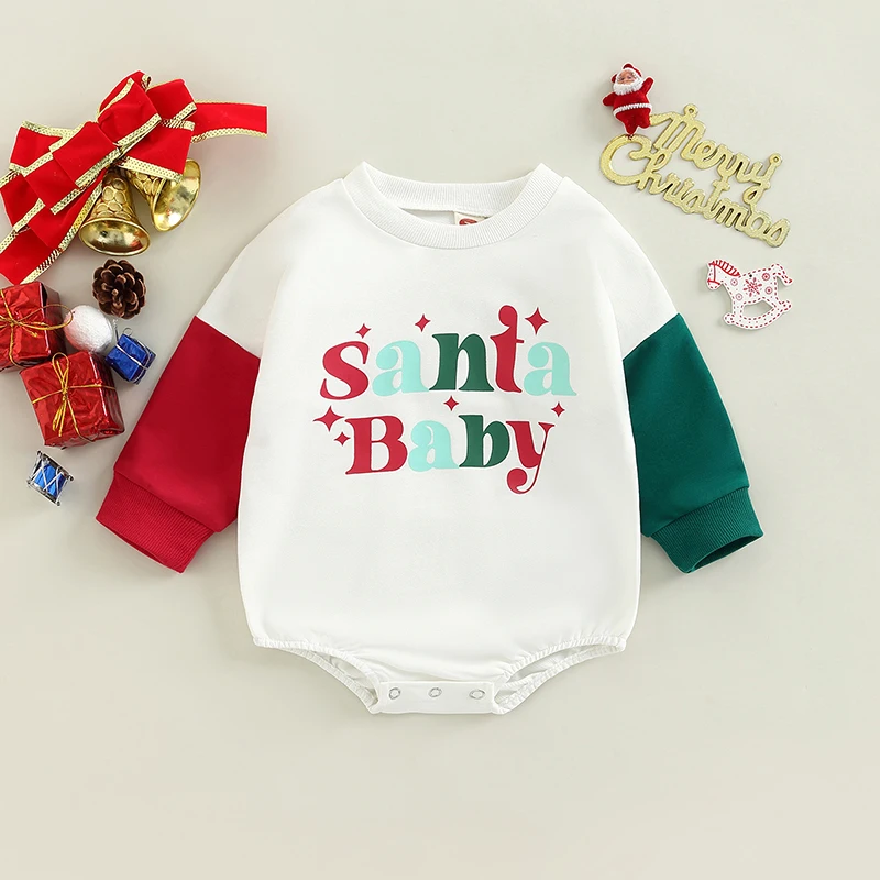 

2023 Newborn Baby Girl Boy Christmas Outfit Long Sleeve Santa Crewneck Bubble Sweatshirt Romper Xmas Baby Bodysuits Playsuit