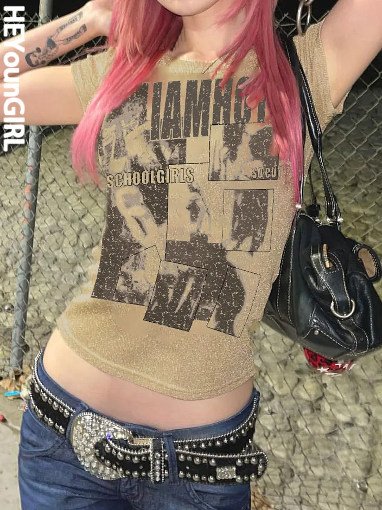 

Женская футболка HEYounGIRL в стиле ретро с графическим принтом, Модный укороченный топ с круглым вырезом в стиле Харадзюку 90-х, летняя повседнев...