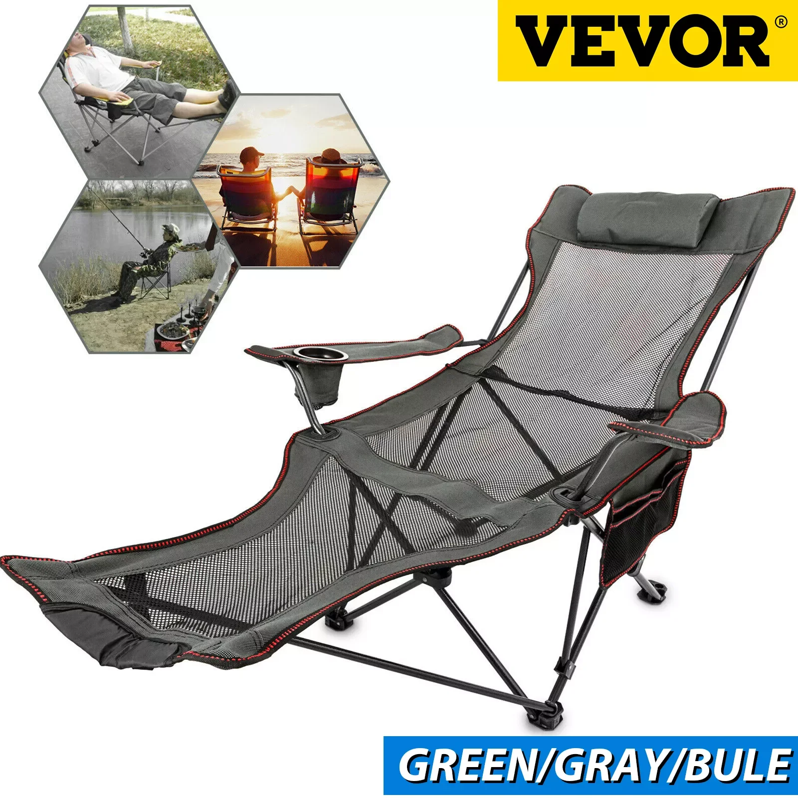 

VEVOR Outdoor Folding Camp Chair Backrest With Footrest Portable Bed Nap Chair For Camping Fishing Foldable Beach Lounge Chair